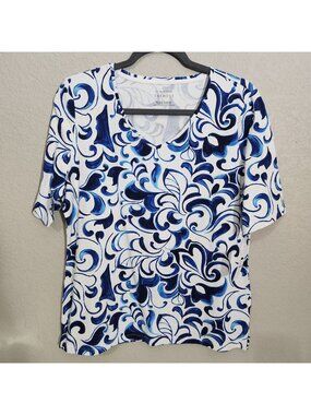 Talbots Shirt Womens Large Blue White V Neck Short Sleeve floral